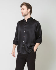 Silk Men's Casual Long Sleeve Shirt, Black