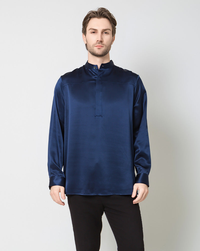 Silk Men's Casual Long Sleeve Shirt, Navy