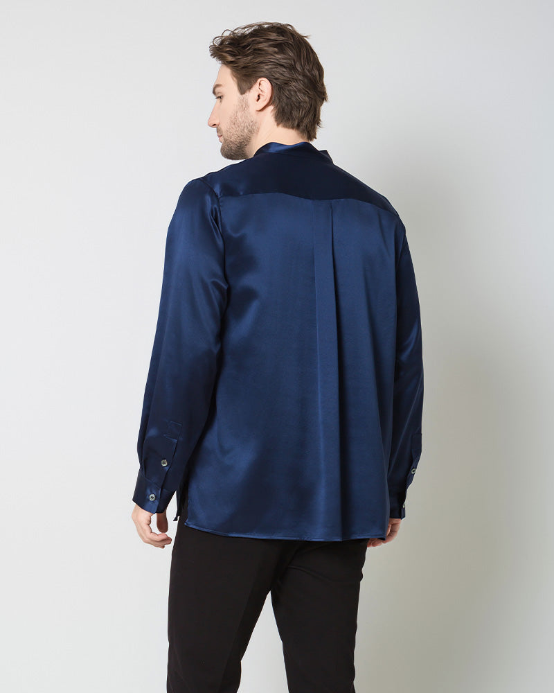 Silk Men's Casual Long Sleeve Shirt, Navy