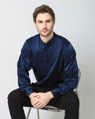 Silk Men's Casual Long Sleeve Shirt, Navy