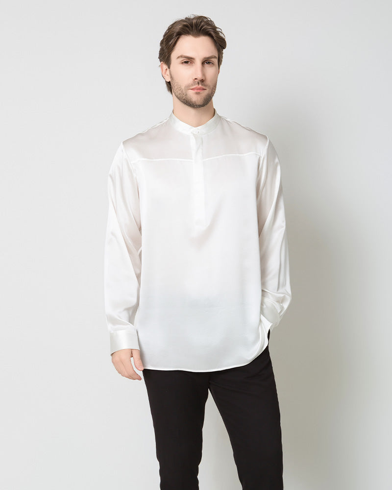 Silk Men's Casual Long Sleeve Shirt, White