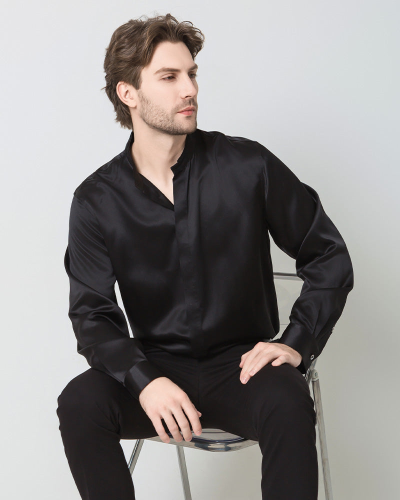 Silk Men's Casual Loose Office Shirt, Black