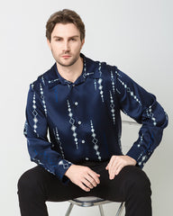 Men's Long Navy Print Silk Shirt, Navy