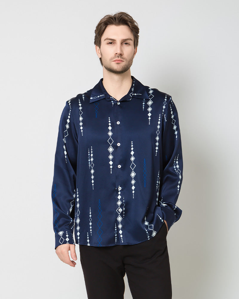 Men's Long Navy Print Silk Shirt, Navy