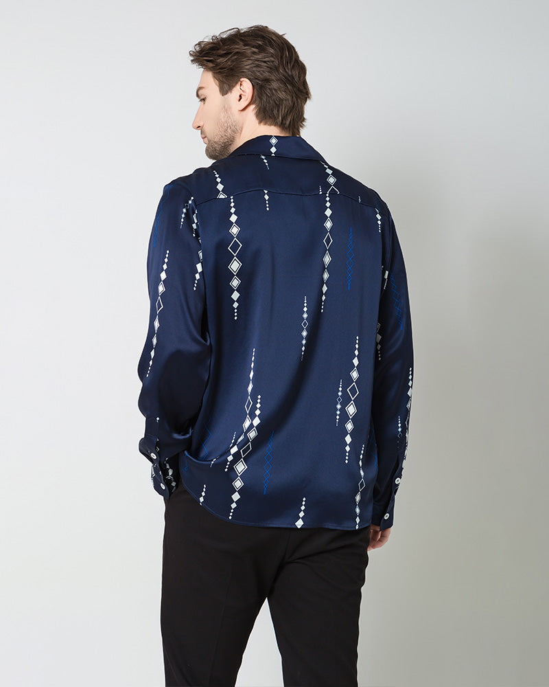Men's Long Navy Print Silk Shirt, Navy
