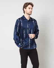 Men's Long Navy Print Silk Shirt, Navy