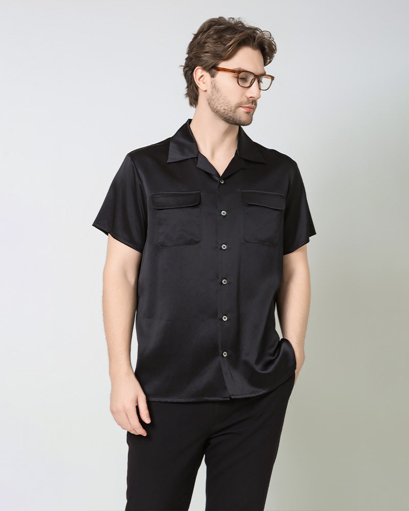 Silk Men's Short Sleeve Shirt With Two Pockets, Black