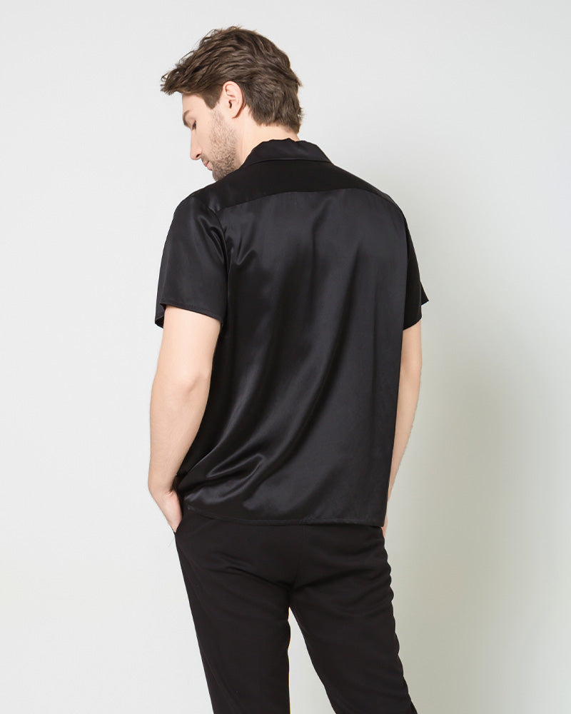 Silk Men's Short Sleeve Shirt With Two Pockets, Black