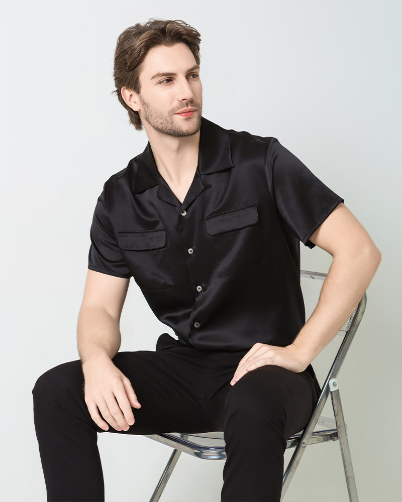 Silk Men's Short Sleeve Shirt With Two Pockets, Black