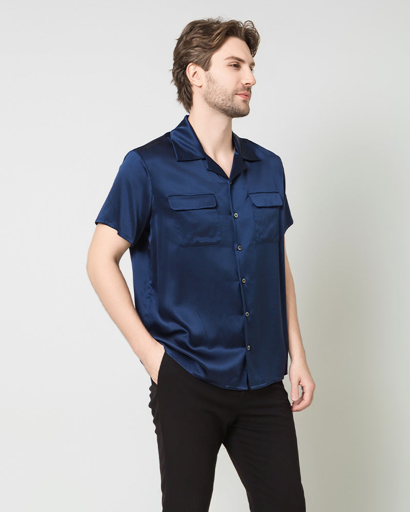 Silk Men's Short Sleeve Shirt With Two Pockets, Navy
