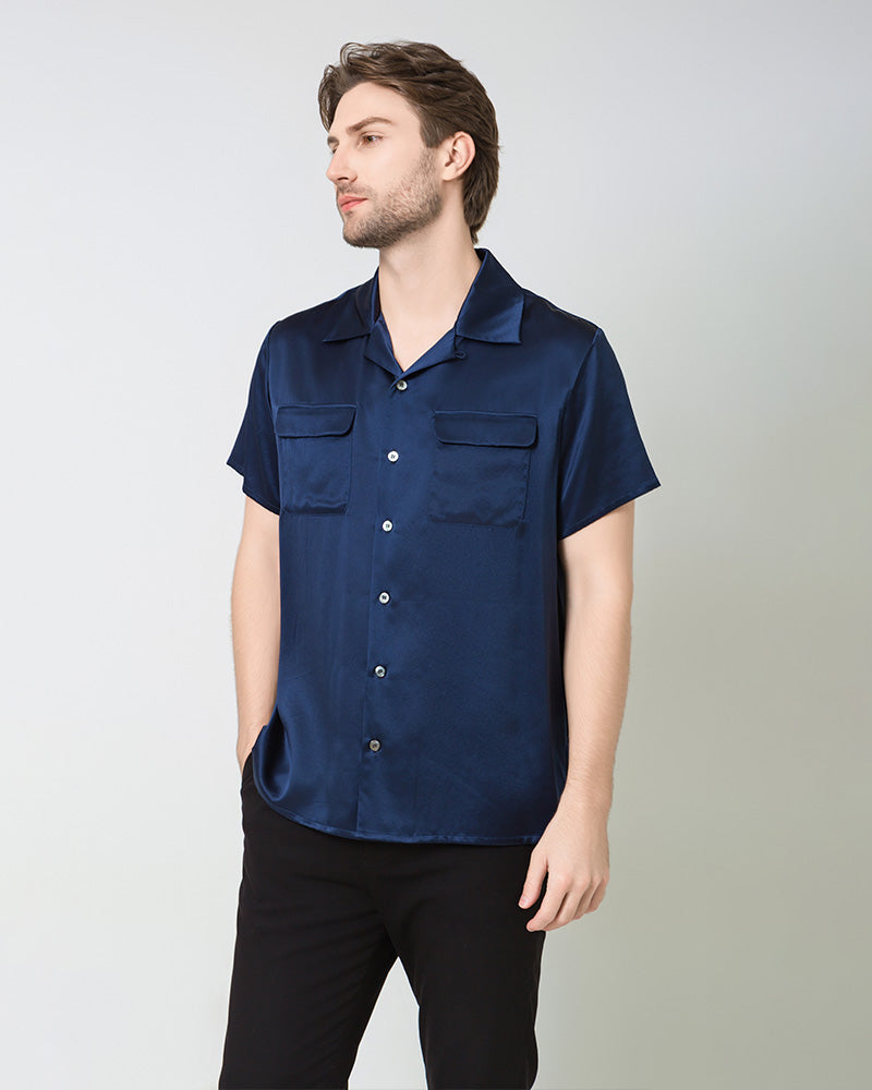 Silk Men's Short Sleeve Shirt With Two Pockets, Navy