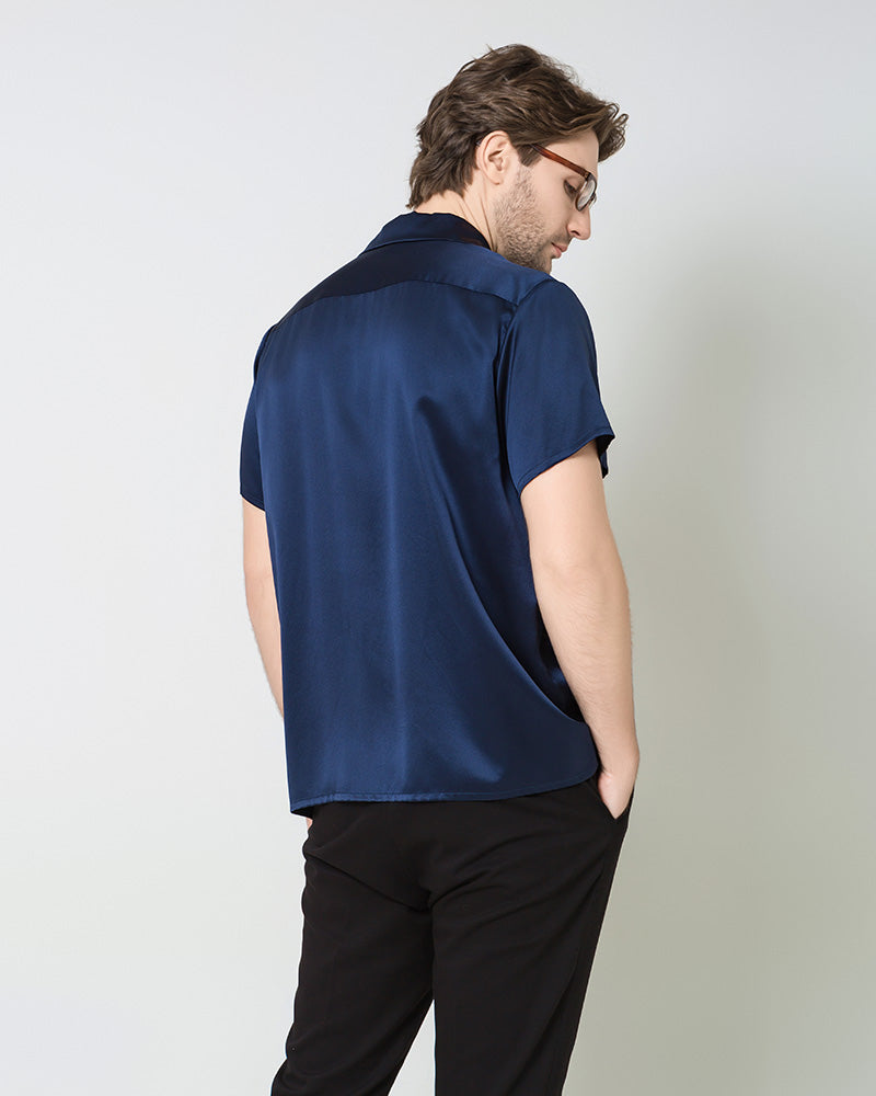 Silk Men's Short Sleeve Shirt With Two Pockets, Navy