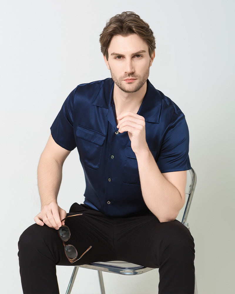 Silk Men's Short Sleeve Shirt With Two Pockets, Navy