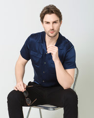 Silk Men's Short Sleeve Shirt With Two Pockets, Navy