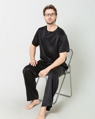 Men's Short Sleeves& Pants Silk Pajamas Set, Black