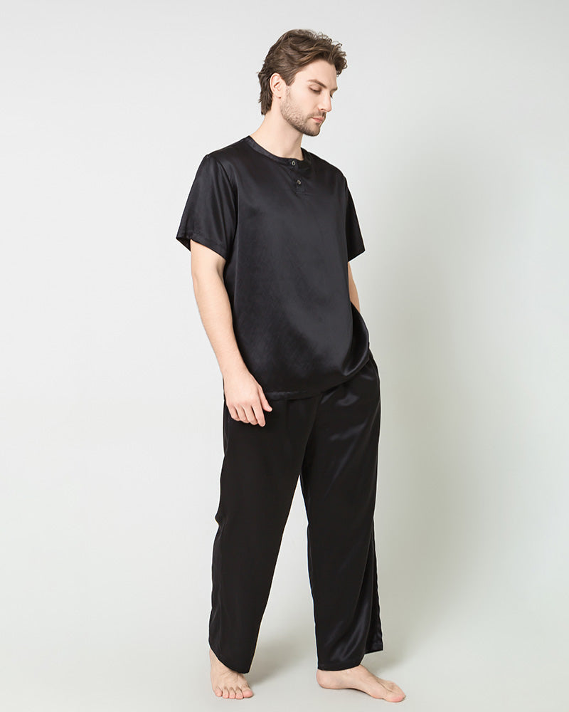 Men's Short Sleeves& Pants Silk Pajamas Set, Black