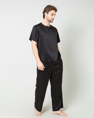 Men's Short Sleeves& Pants Silk Pajamas Set, Black