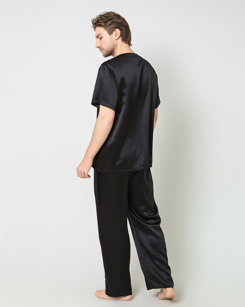 Men's Short Sleeves & Pants Silk Pajamas Set, Black