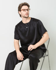 Men's Short Sleeves & Pants Silk Pajamas Set, Black