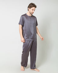 Men's Short Sleeves& Pants Silk Pajamas Set, Grey