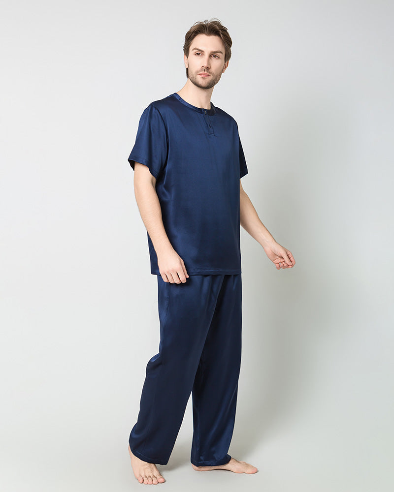 Men's Short Sleeves & Pants Silk Pajamas Set, Navy