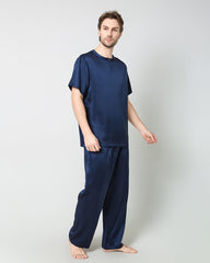 Men's Short Sleeves & Pants Silk Pajamas Set, Navy