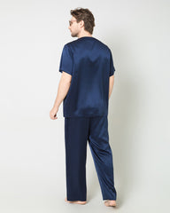 Men's Short Sleeves & Pants Silk Pajamas Set, Navy