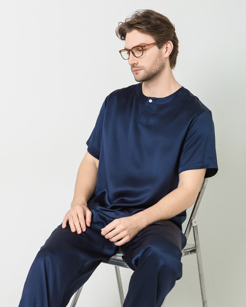 Men's Short Sleeves & Pants Silk Pajamas Set, Navy