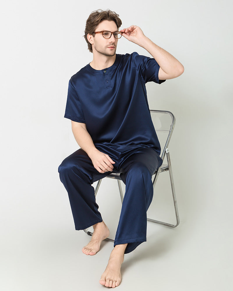 Men's Short Sleeves & Pants Silk Pajamas Set, Navy