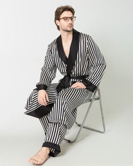 Silk Men's Striped Long Robe and Pant Set, Black and White