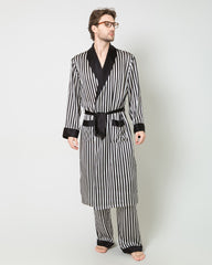 Silk Men's Striped Long Robe and Pant Set, Black and White