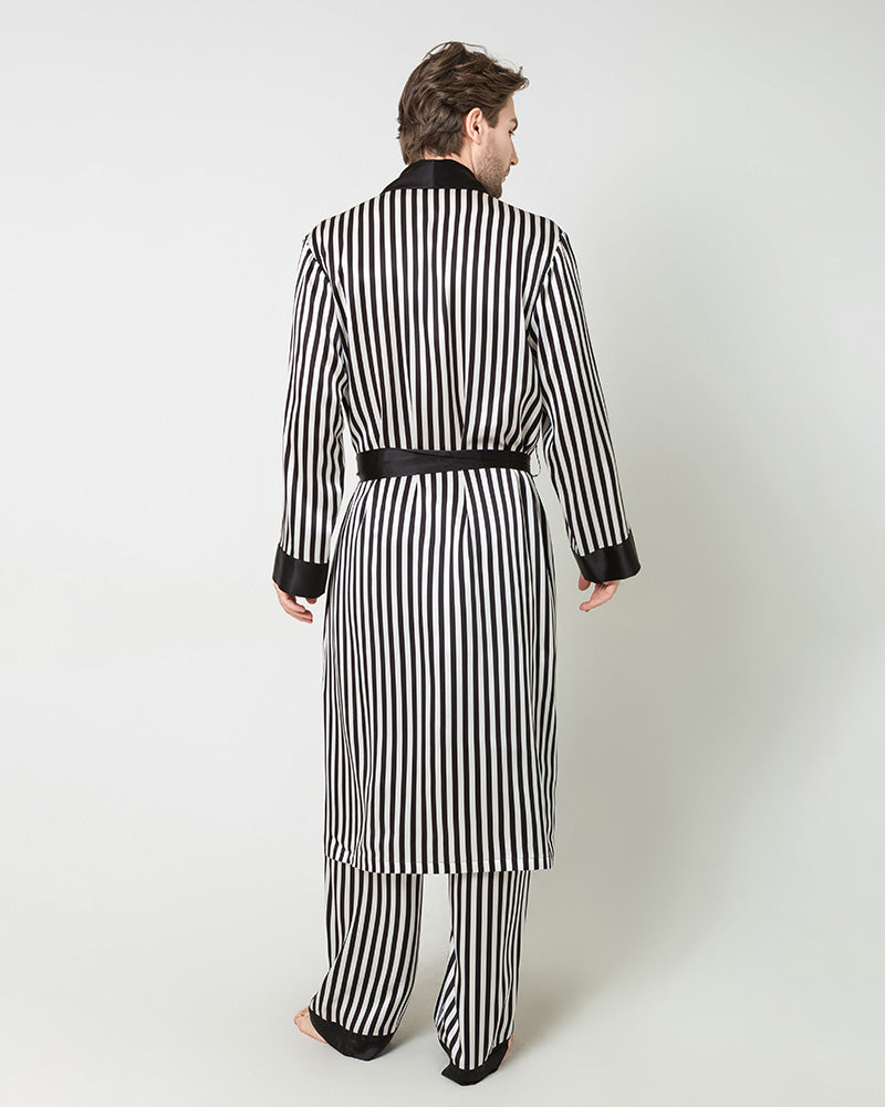 Silk Men's Striped Long Robe and Pant Set, Black and White