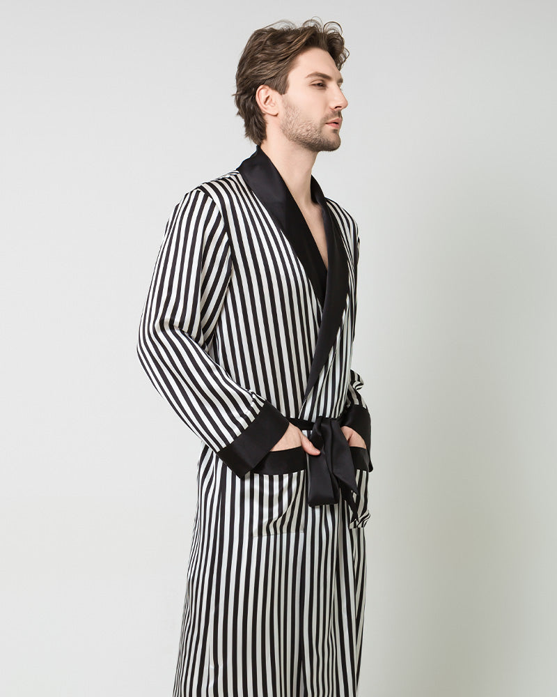 Silk Men's Striped Long Robe and Pant Set, Black and White