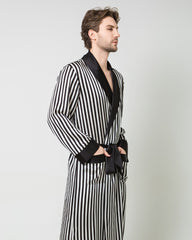 Silk Men's Striped Long Robe and Pant Set, Black and White