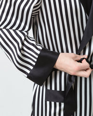 Silk Men's Striped Long Robe and Pant Set, Black and White