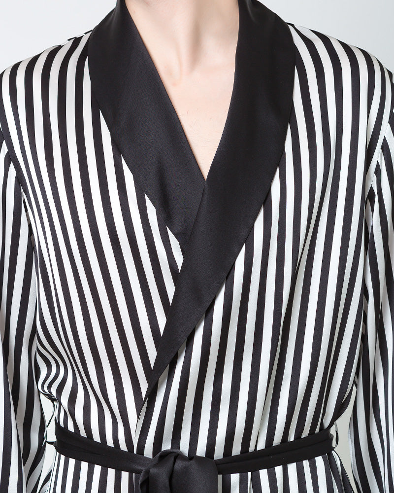 Silk Men's Striped Long Robe and Pant Set, Black and White