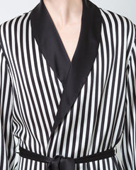 Silk Men's Striped Long Robe and Pant Set, Black and White