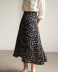 Leopard Print Flared Flowy Silk Maxi Skirt, Black And White