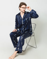Men's Silk Print Pajamas Set, Navy