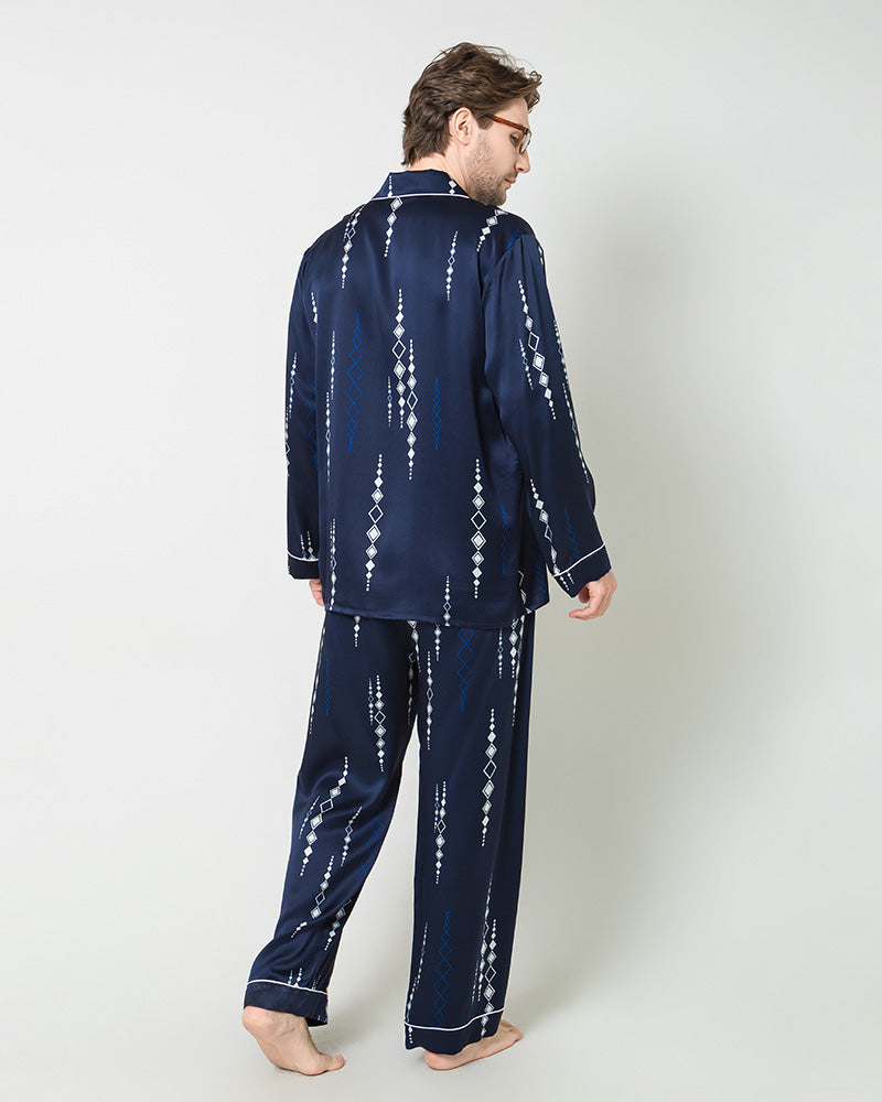 Men's Silk Print Pajamas Set, Navy