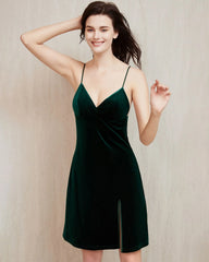 V Neck Silk Velvet Nightdress, Dark Green