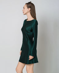 Silk Open-Back Long Sleeve Mini Dress Emerald