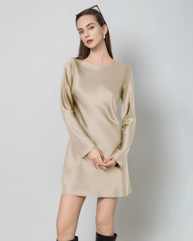 Silk Open-Back Long Sleeve Mini Dress, Champagne