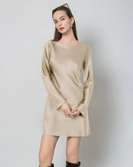 Silk Open-Back Long Sleeve Mini Dress, Champagne