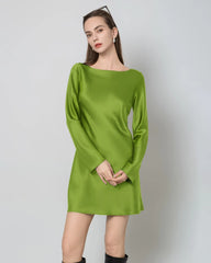 Silk Open-Back Long Sleeve Mini Dress, Mustard Green