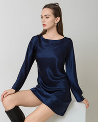 Silk Open-Back Long Sleeve Mini Dress Navy