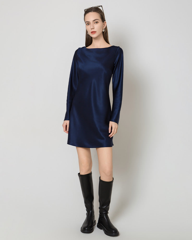 Silk Open-Back Long Sleeve Mini Dress Navy