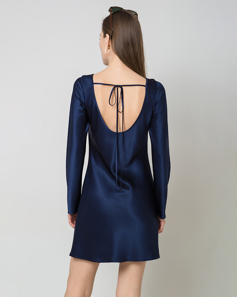 Silk Open-Back Long Sleeve Mini Dress Navy