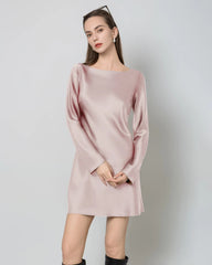 Silk Open-Back Long Sleeve Mini Dress, Pink