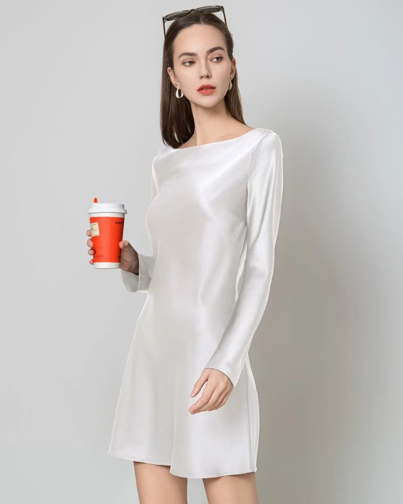 Silk Open-Back Long Sleeve Mini Dress, White